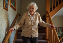 Femme âgée de 80 ans descend un escalier chez elle en toute sécurité