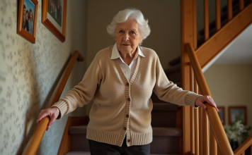 Femme âgée de 80 ans descend un escalier chez elle en toute sécurité
