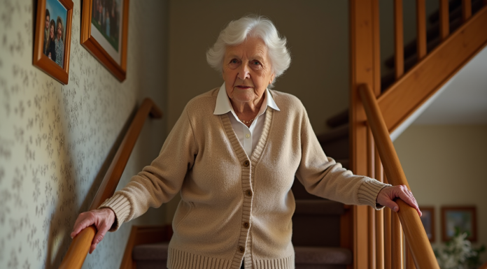 Femme âgée de 80 ans descend un escalier chez elle en toute sécurité