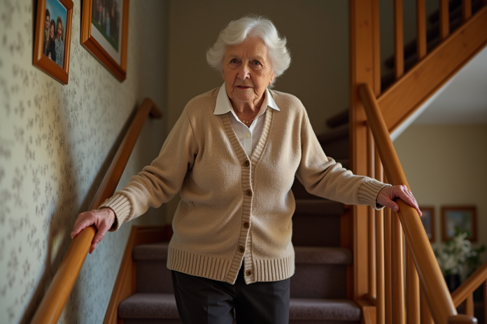Femme âgée de 80 ans descend un escalier chez elle en toute sécurité