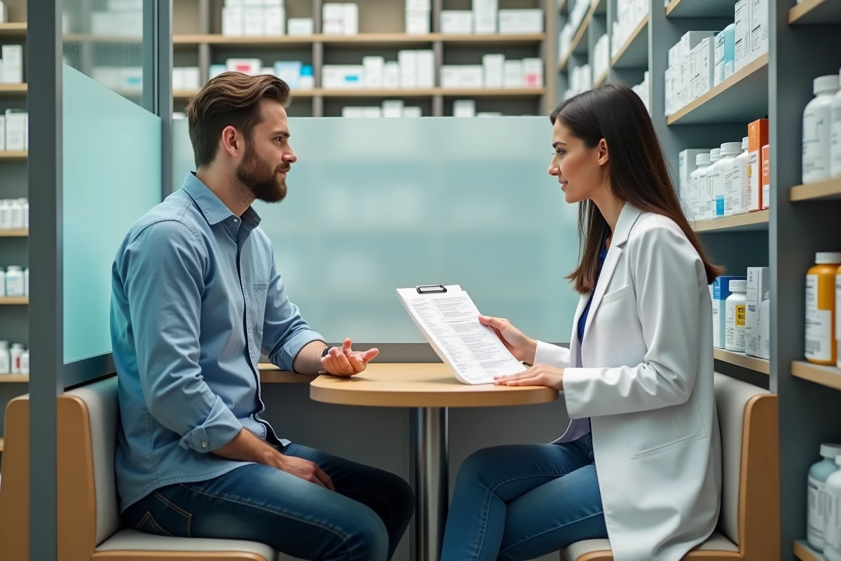 Jeune homme et pharmacienne en conseil en pharmacie