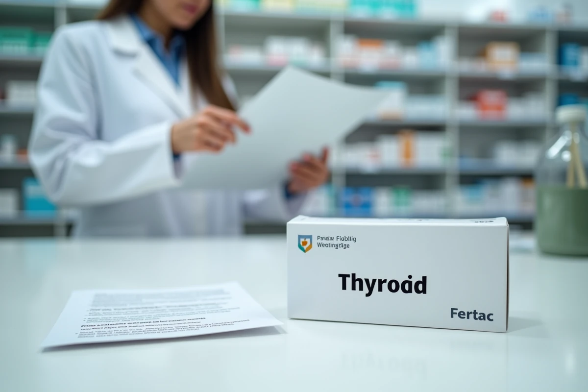Boîte de médicament thyroïdien et notice d'information sur le comptoir d'une pharmacie avec pharmacienne en arrière-plan