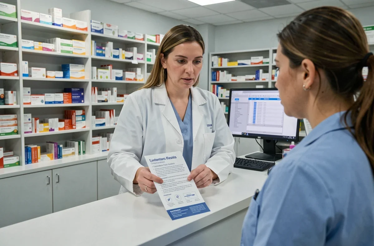 Pharmacienne expliquant à une patiente les risques de la pilule contraceptive associée au tabac dans une pharmacie moderne, avec une notice médicale sur le comptoir