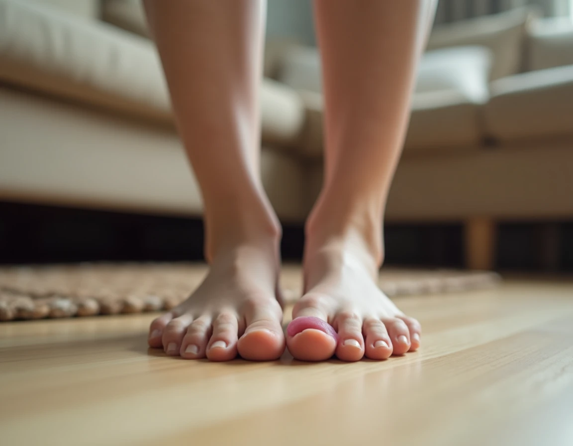 Pieds nus sur parquet montrant un orteil enflé bursite métatarso-phalangienne vue au sol domicile