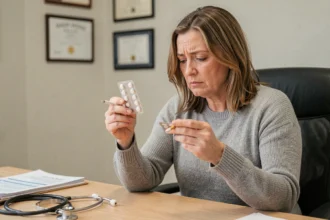 Femme tenant une plaquette de pilule contraceptive et une cigarette dans un cabinet médical, illustrant les risques cardiovasculaires liés à l'association pilule et tabac