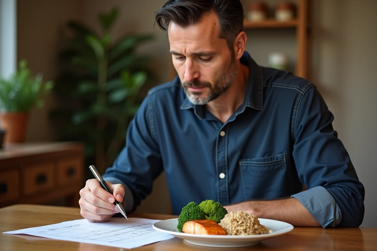 Homme consultant un plan de repas hebdomadaire de la méthode API pour débuter un régime équilibré