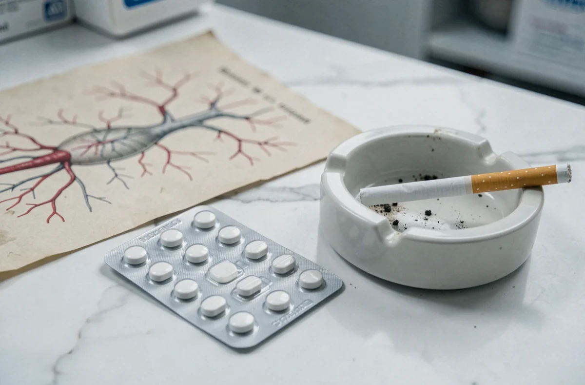 Gros plan sur une plaquette de pilule contraceptive et une cigarette posées sur un comptoir médical, symbolisant les dangers de l'association contraception hormonale et tabagisme sur la circulation sanguine