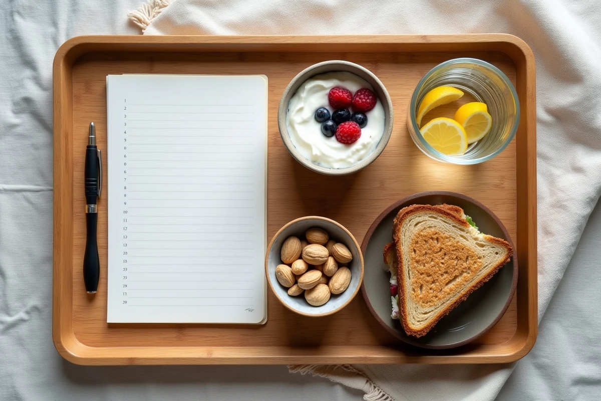 Vue aérienne d'un plateau repas équilibré et d'un journal de suivi pour la méthode API régime Menu