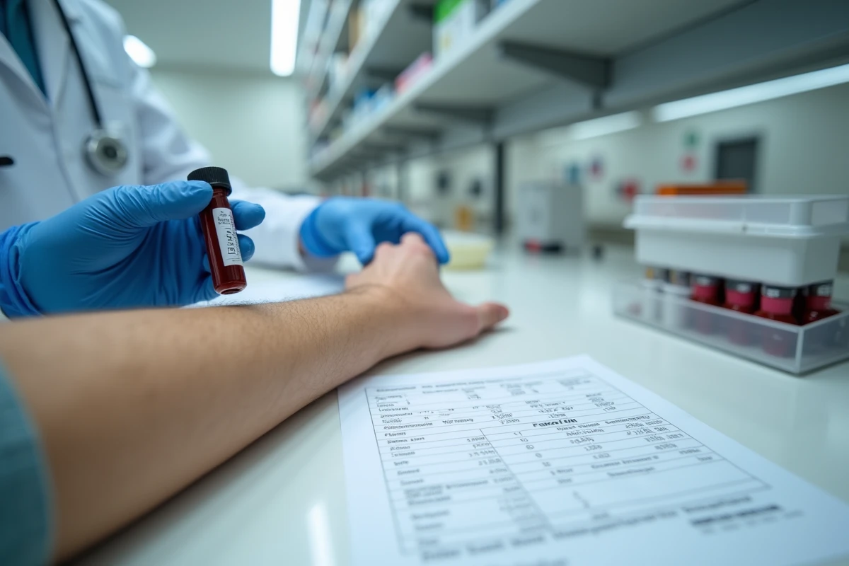 Prélèvement sanguin avec flacon de sang et résultats de bilan biologique dans un laboratoire médical