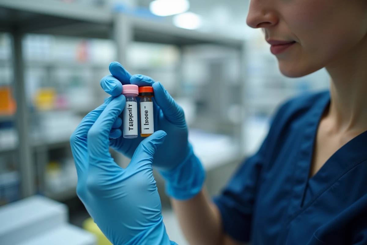 Technicienne en laboratoire tenant des fioles de troponines