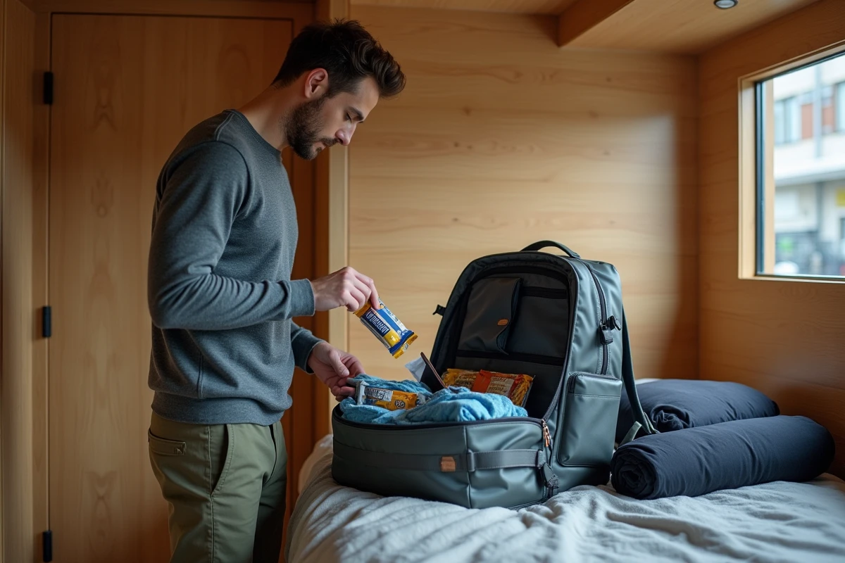 Homme préparant son sac à dos de voyage en rangeant des barres nutritionnelles, astuce pour voyager avec un bagage léger