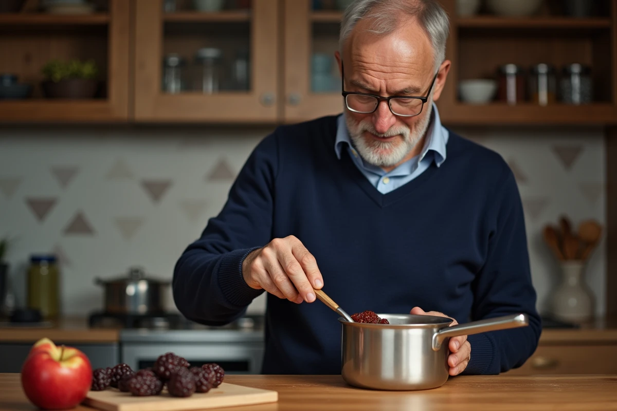 Homme préparant une compote de pruneaux maison le soir pour soulager la constipation