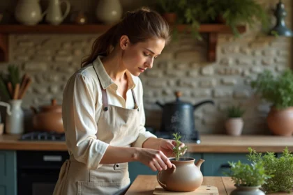 Femme préparant une infusion de thym frais dans une théière en céramique dans une cuisine rustique en pierre