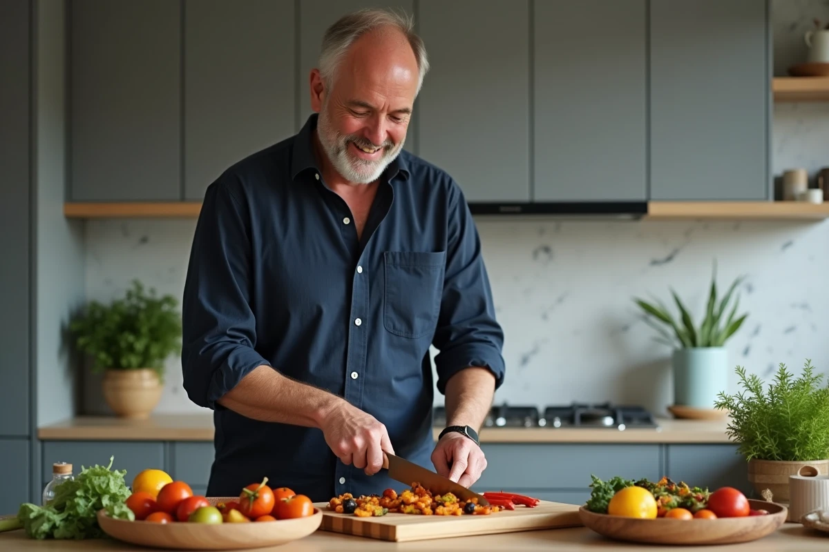 Homme préparant une recette minceur saine avec des légumes colorés dans une cuisine contemporaine