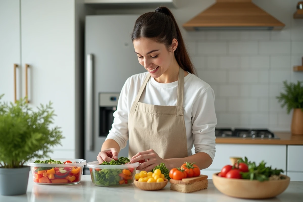 Femme préparant des repas équilibrés en batch cooking pour suivre la méthode API régime Menu