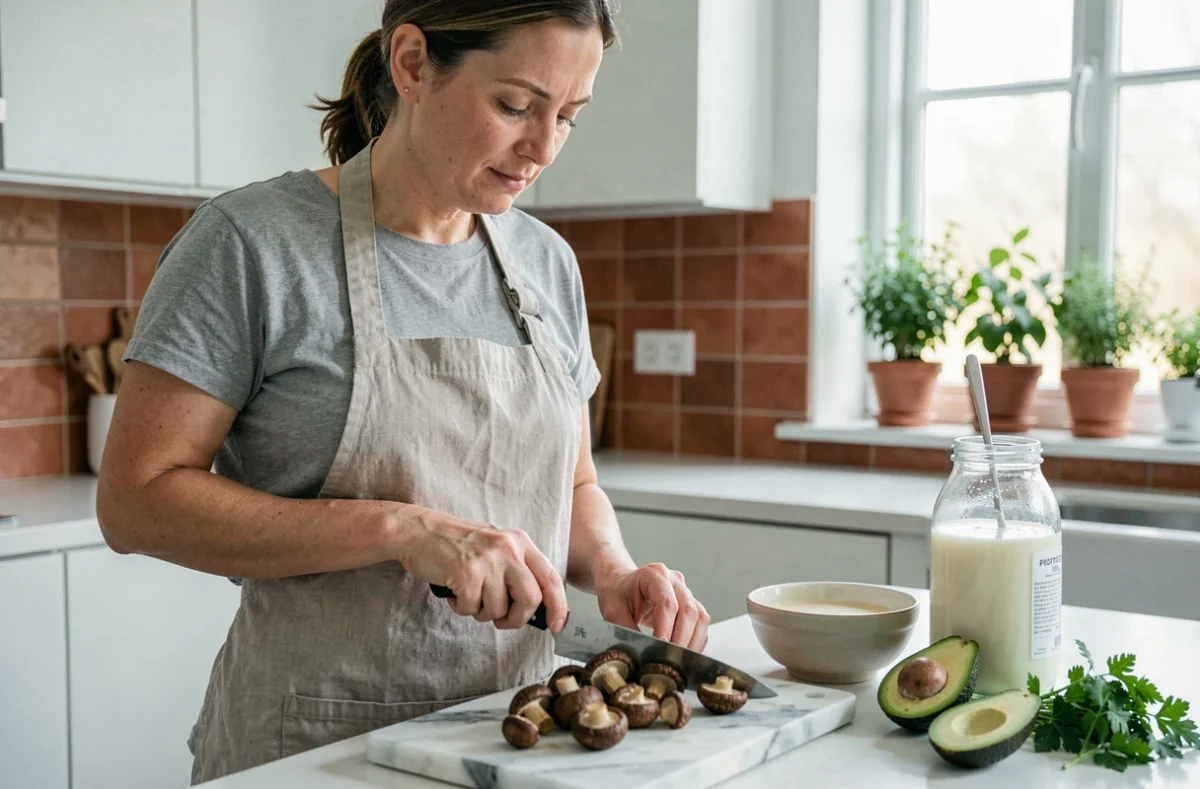 Femme préparant des champignons shiitake et des avocats dans une cuisine moderne pour un repas riche en vitamine D