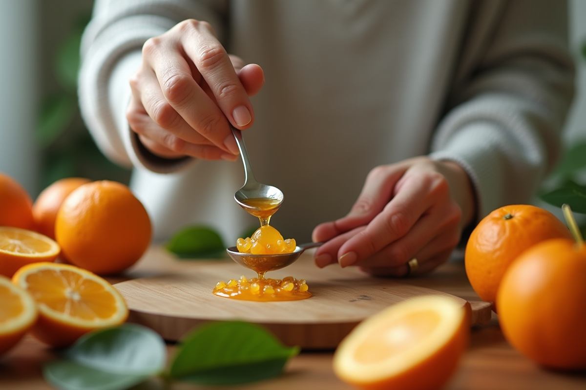 Femme senior verse vitamine C liposomal dans une cuillère