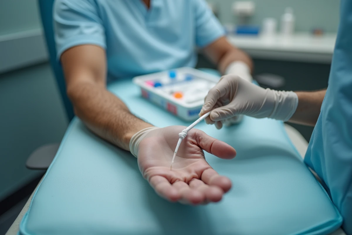 Prise de sang sur l'avant-bras d'un patient pour analyser les enzymes hépatiques SGPT après un effort sportif intense