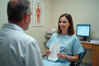 Patiente montrant ses résultats de prise de sang à son médecin traitant lors d'une consultation médicale