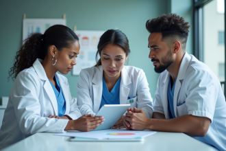 Trois professionnels de santé autour d'une tablette en réunion