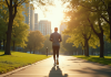 Personne marchant dans un parc urbain ensoleille avec arbres verts