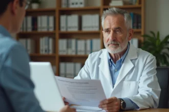 Psychiatre examinant une échelle d'évaluation de la dépression de Hamilton dans son cabinet médical