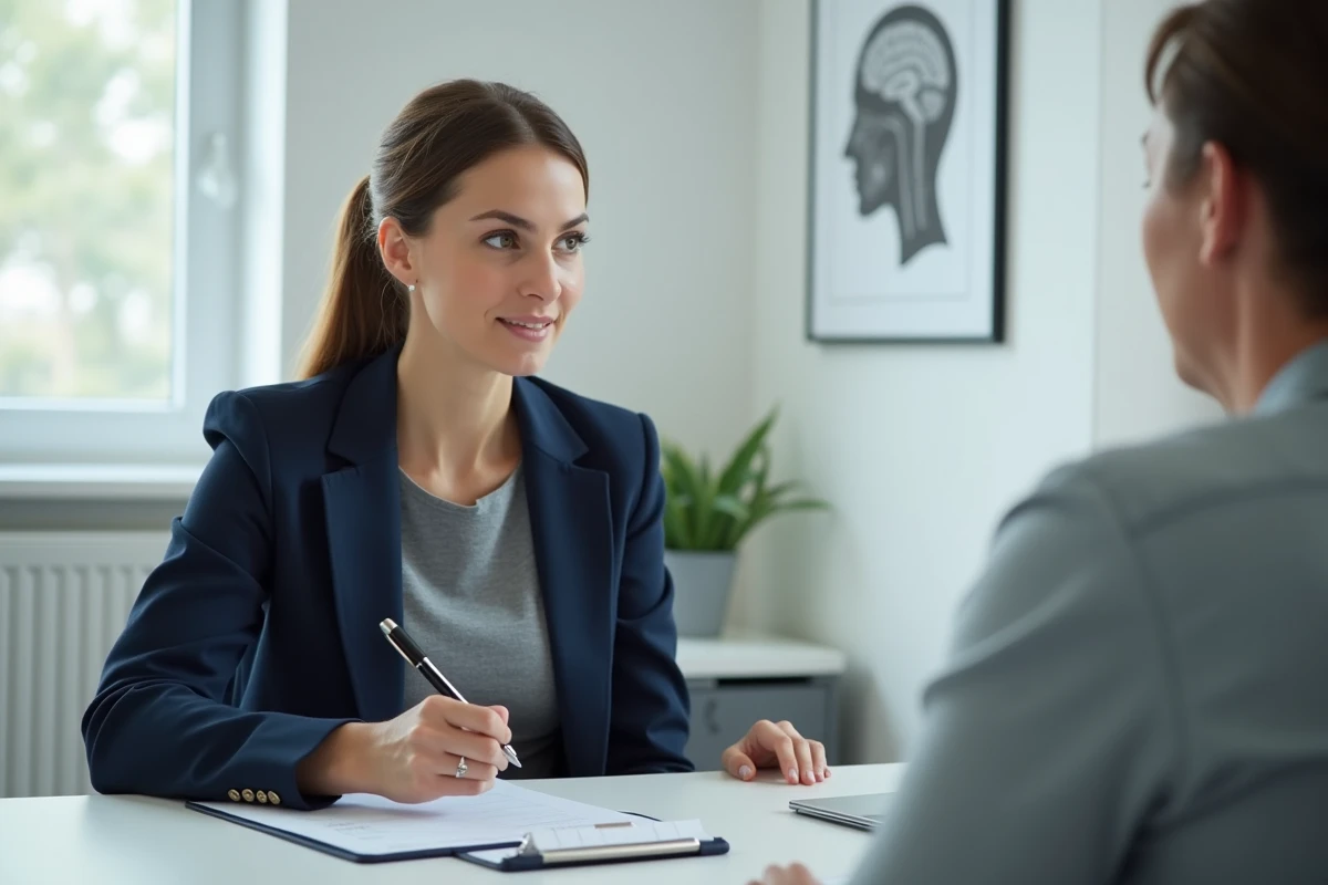 Psychologue clinicienne prenant des notes lors d'une évaluation psychiatrique structurée en 2026