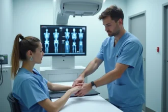 Technicien radiologue positionnant le poignet d'une patiente pour une radiographie sans ordonnance suite à un accident