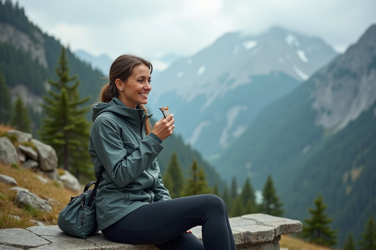 Randonneuse qui mange une barre nutritionnelle en montagne, nutrition pratique et légère pour les activités outdoor en voyage