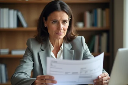 Femme consultant un document médical pour retrouver le numéro ADELI d'un médecin