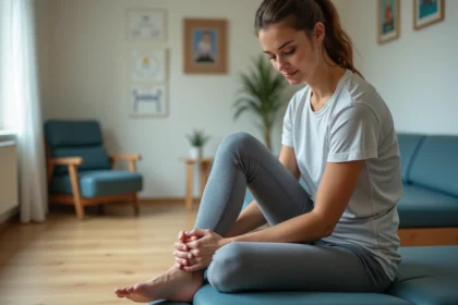 Femme en physiotherapie massant son pied dans un centre