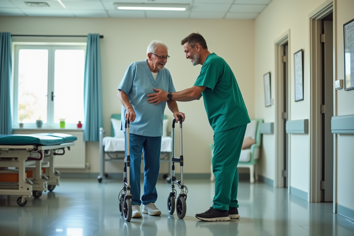 Infirmier aidant un patient en rééducation