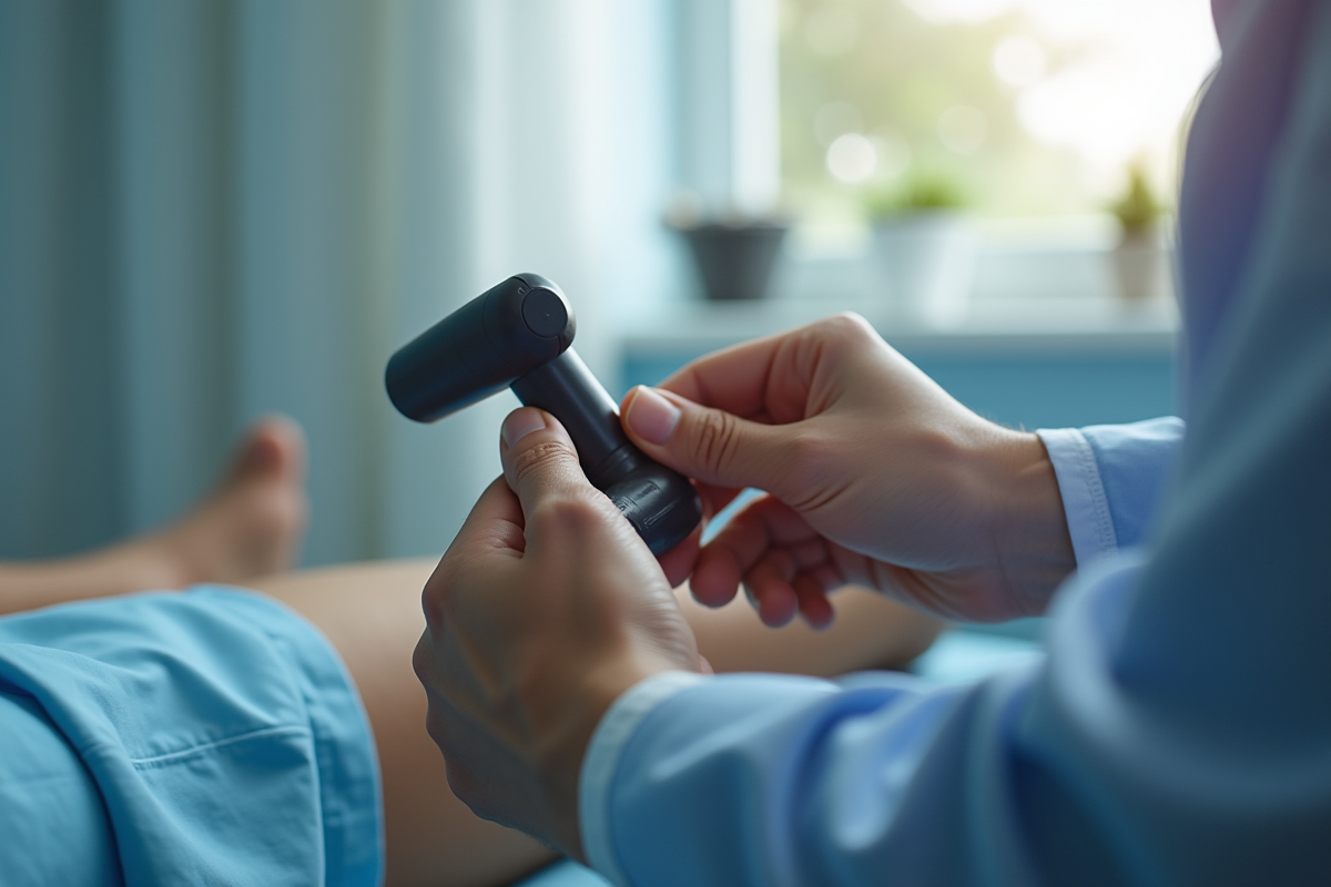 Main du neurologue utilisant un marteau à réflexes sur le genou