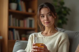 Femme adulte buvant un verre d'eau chaude comme remède naturel contre la constipation