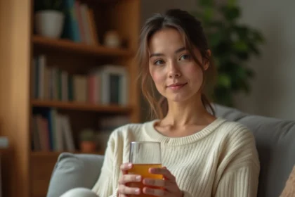 Femme adulte buvant un verre d'eau chaude comme remède naturel contre la constipation