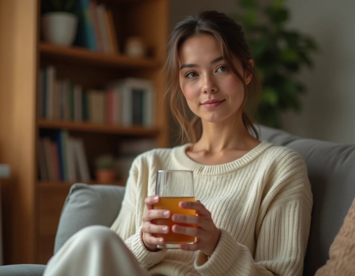Femme adulte buvant un verre d'eau chaude comme remède naturel contre la constipation