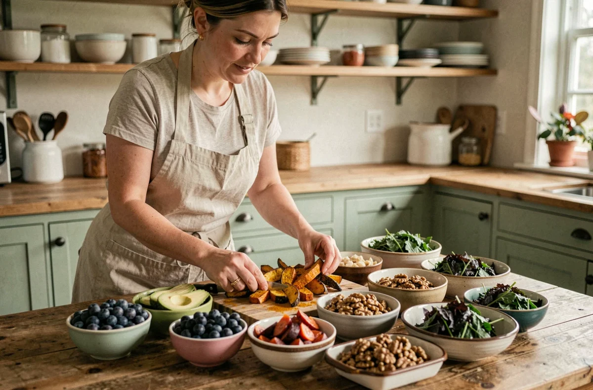 Femme préparant un repas anti-inflammatoire coloré avec légumes, fruits et noix sur une table en bois rustique
