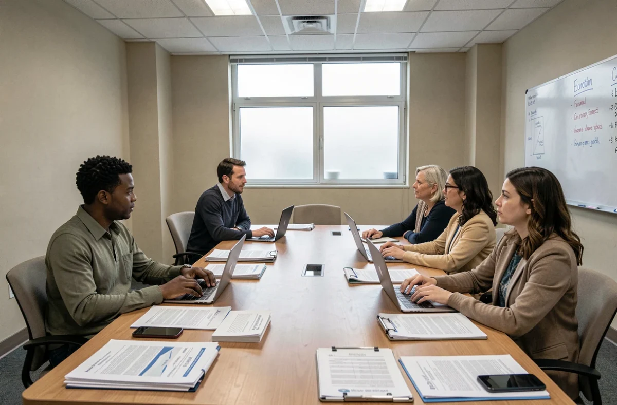 Commission CDAPH réunie autour d'une table de réunion institutionnelle, membres examinant des dossiers de compensation du handicap
