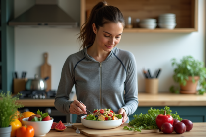 Femme préparant une salade colorée dans une cuisine moderne