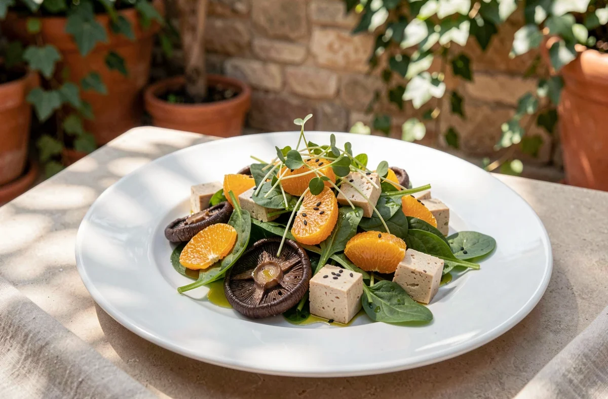 Assiette de salade composée avec champignons, tofu et agrumes enrichis en vitamine D sur une terrasse ensoleillée