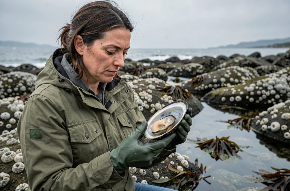 Femme scientifique examinant une moule ouverte sur un littoral rocheux, représentant la recherche sur les propriétés nutritionnelles et les bienfaits des moules pour la santé