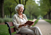 Femme âgée lisant dans un parc tranquille