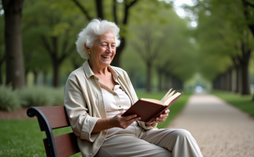 Femme âgée lisant dans un parc tranquille