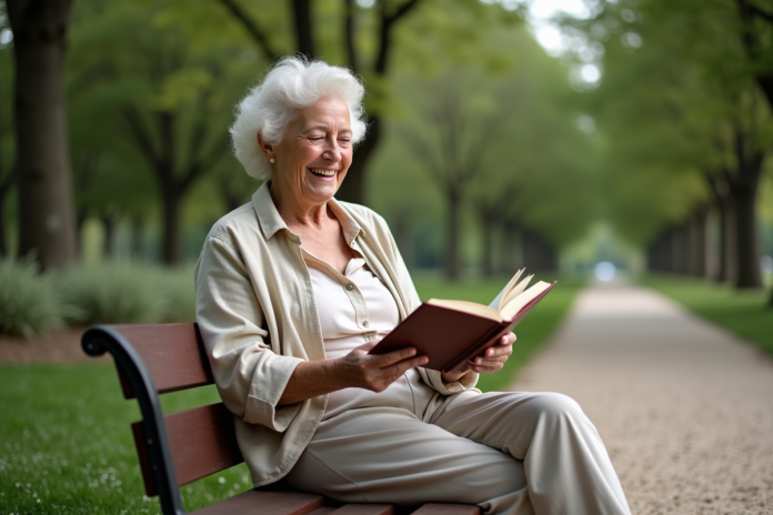 senior-femme-livre-parc Femme âgée lisant dans un parc tranquille