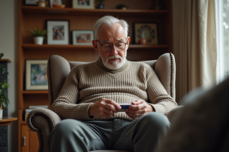Homme senior vérifiant son organisateur de médicaments dans un salon chaleureux