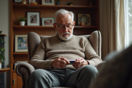 Homme senior vérifiant son organisateur de médicaments dans un salon chaleureux