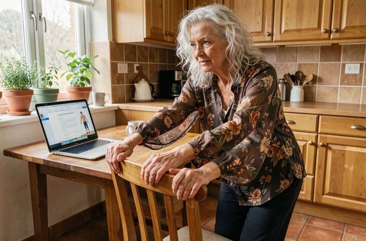 Senior femme suivant une séance de kinésithérapie en ligne sur ordinateur portable dans sa cuisine