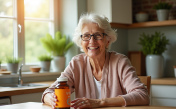 Seniore souriante tenant une vitamine E dans la cuisine