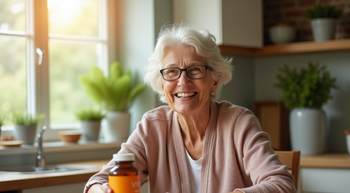 Seniore souriante tenant une vitamine E dans la cuisine