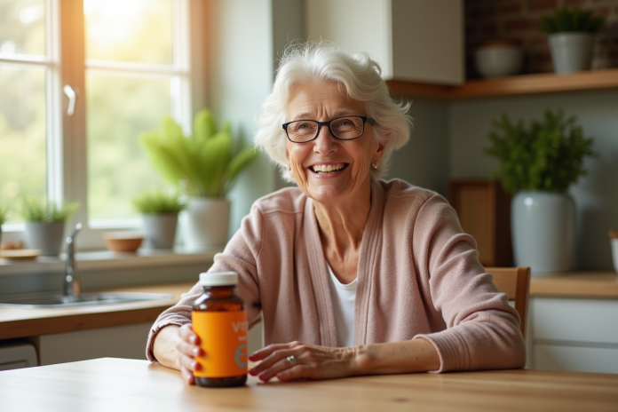 Seniore souriante tenant une vitamine E dans la cuisine